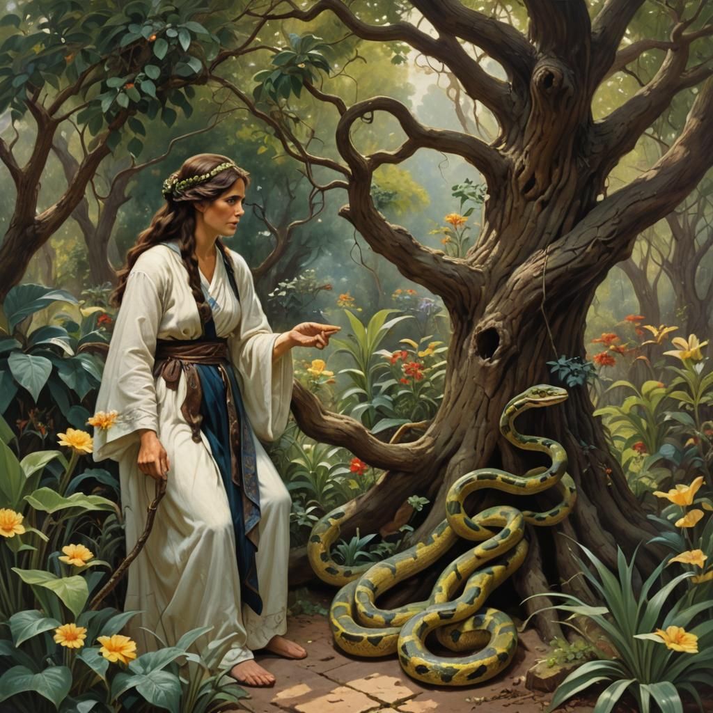 Biblical Garden Scene: Woman and Serpent, Oil Painting
