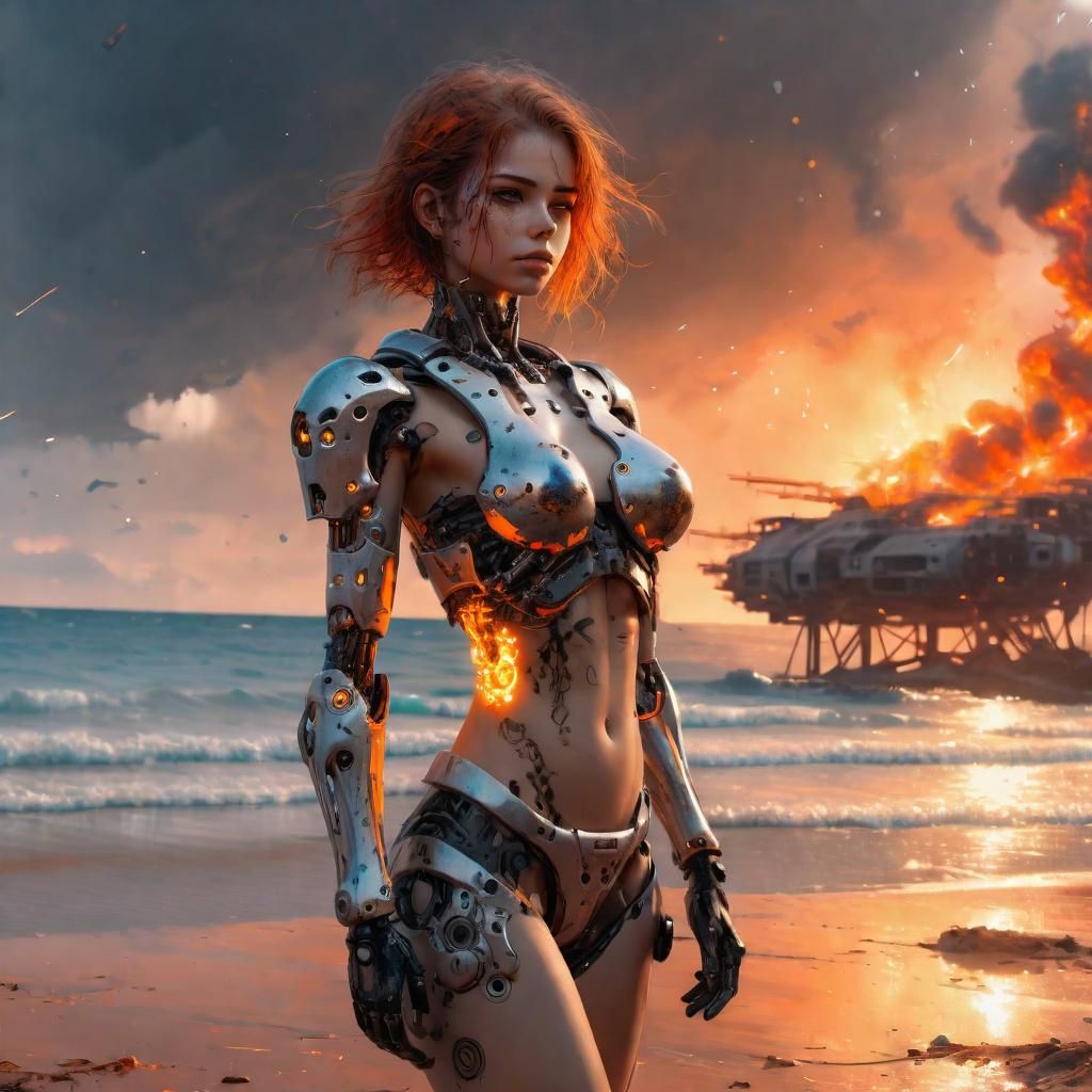 Cyborg Girl on Beach with Fiery Sky as Splash Art