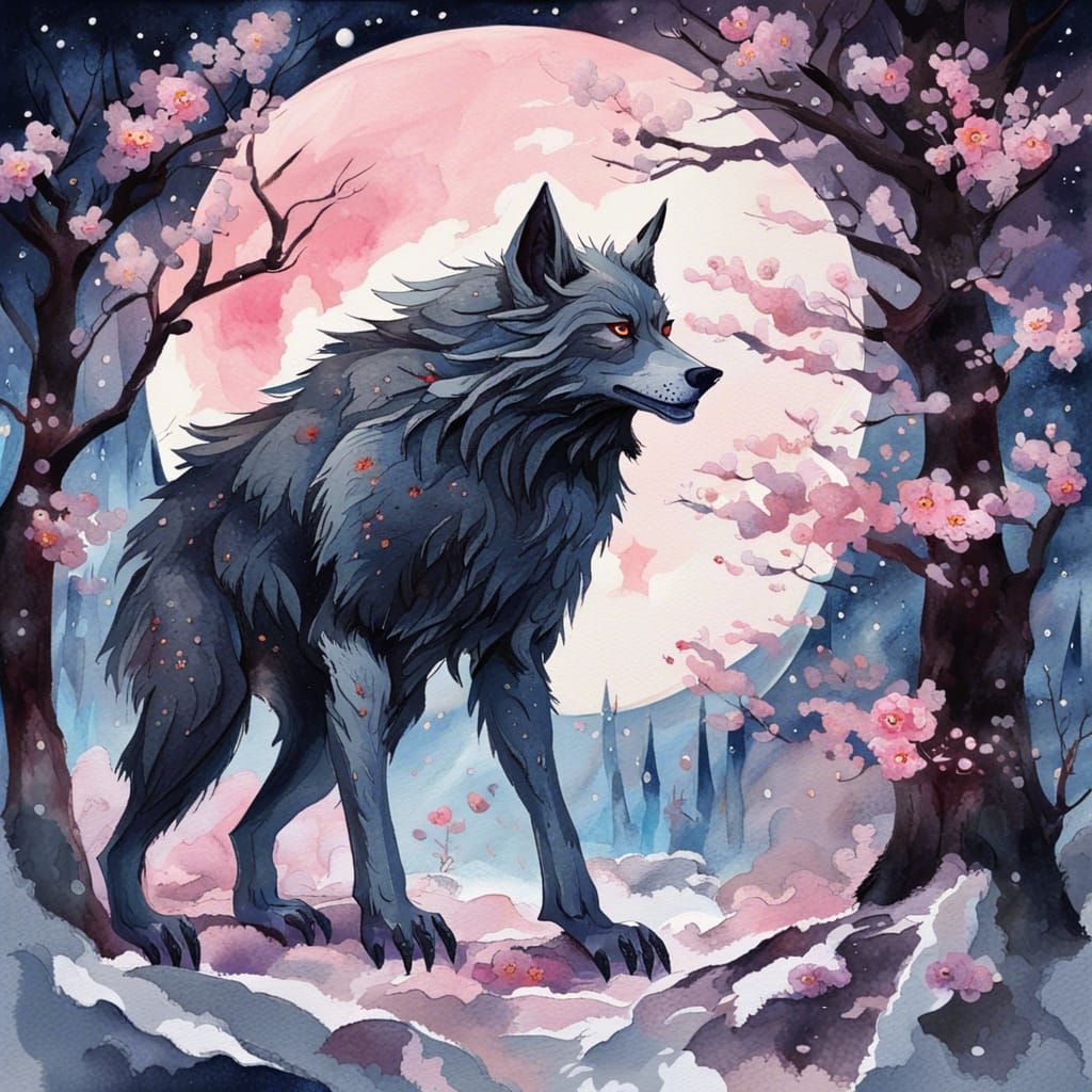 Gothic Werewolf in Sakura Forest, Gouache Style