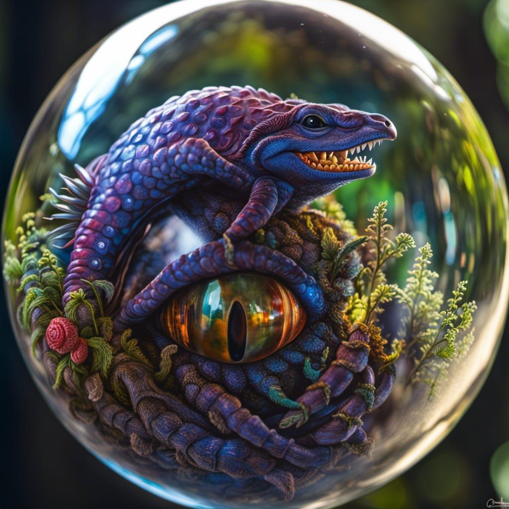 Cute Monster in Glass Orb, Hyperrealistic Style