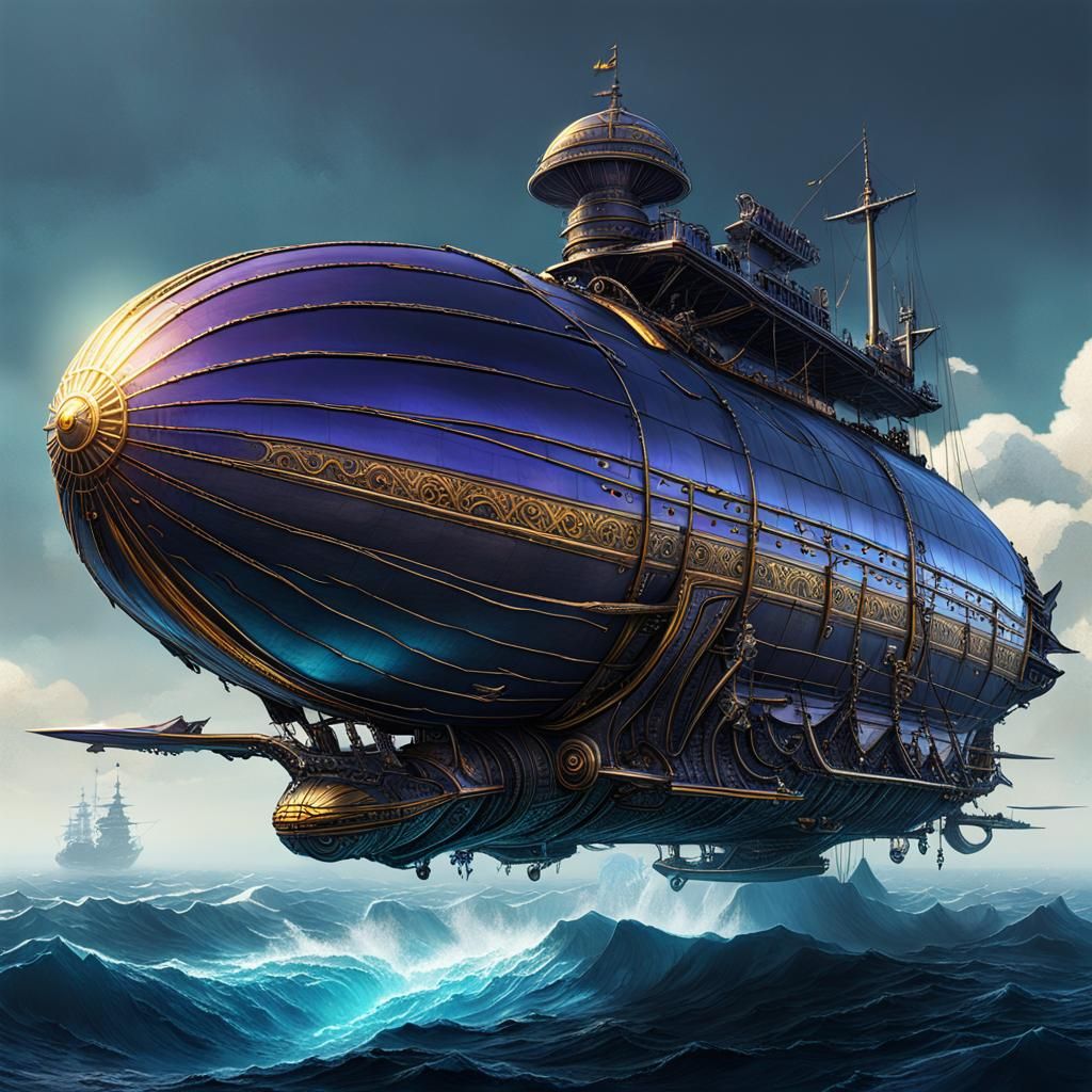 Obsidian Blue Whale Airship Over Silver Ocean