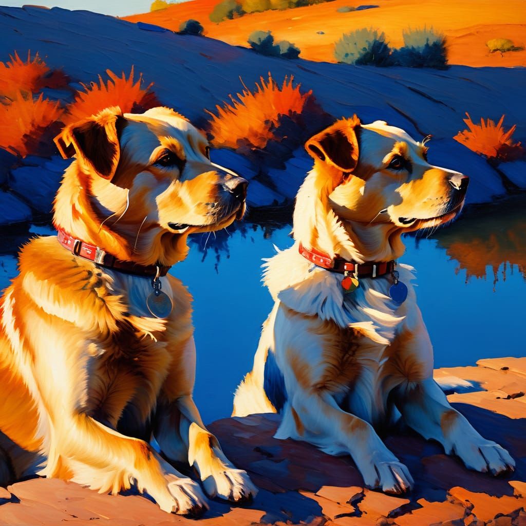 Vibrant Canine Duo in Warm Impressionist Light