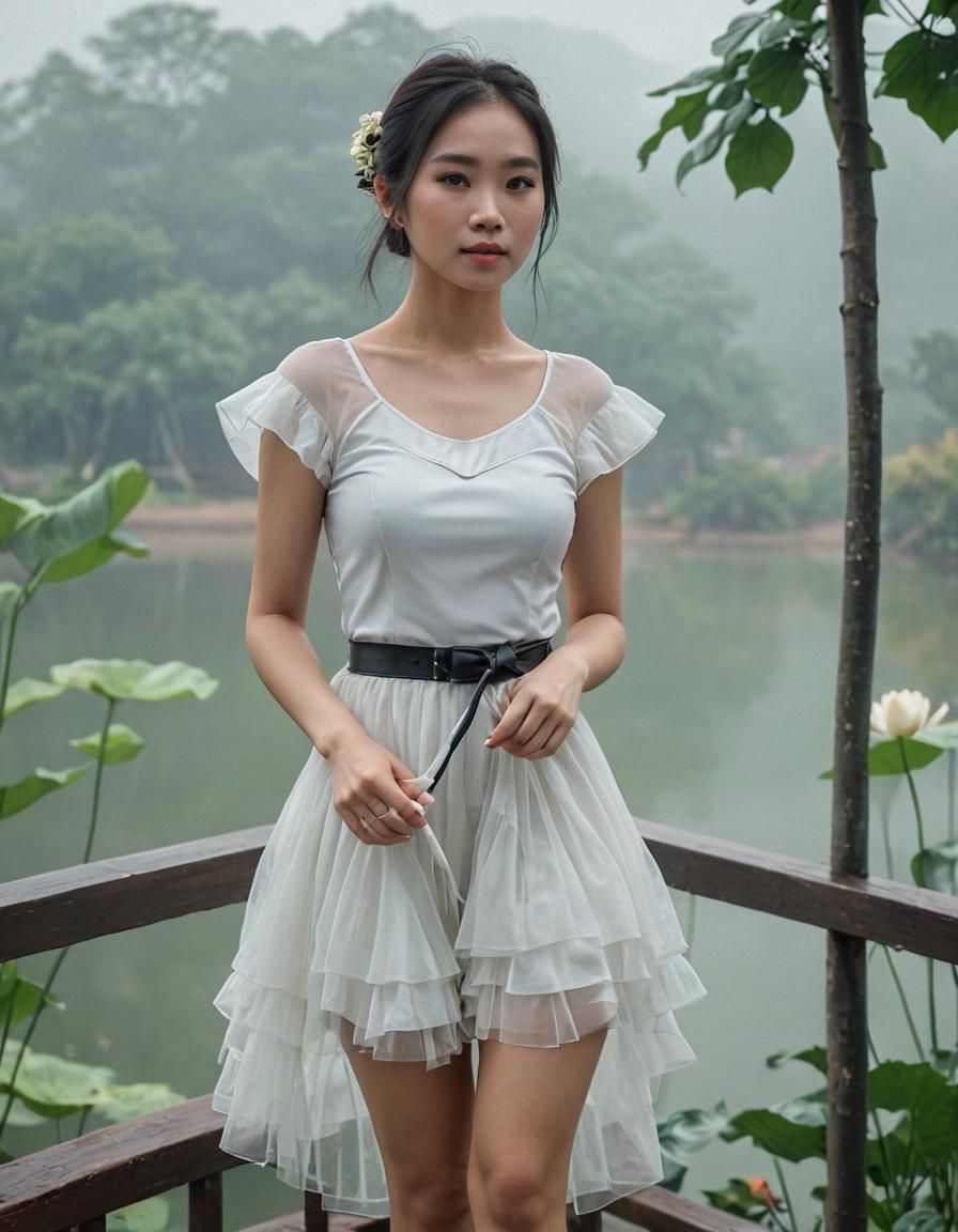 Vietnamese Woman in Dress Overlooking Lotus Lake
