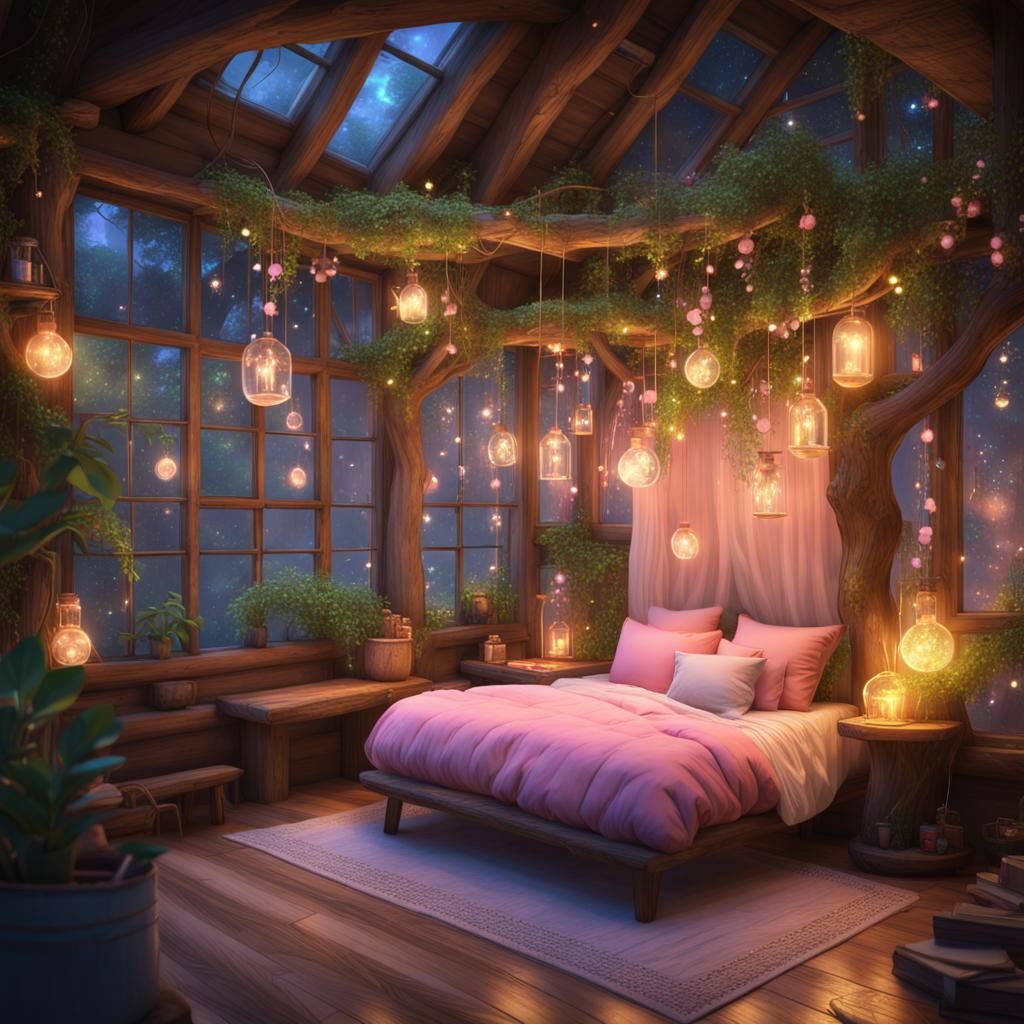 Pastel Treehouse Bedroom with Fairy Lights