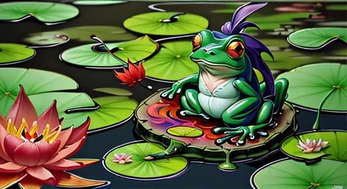 yokai smoking pipe along side of frog on lily pad lilies blooming fall red maple trees primordial swamp