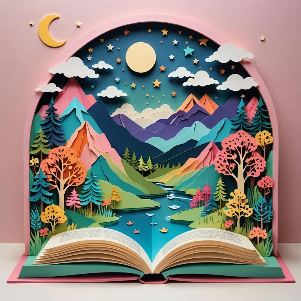 Magical Papercut Landscape Emerging from Open Book