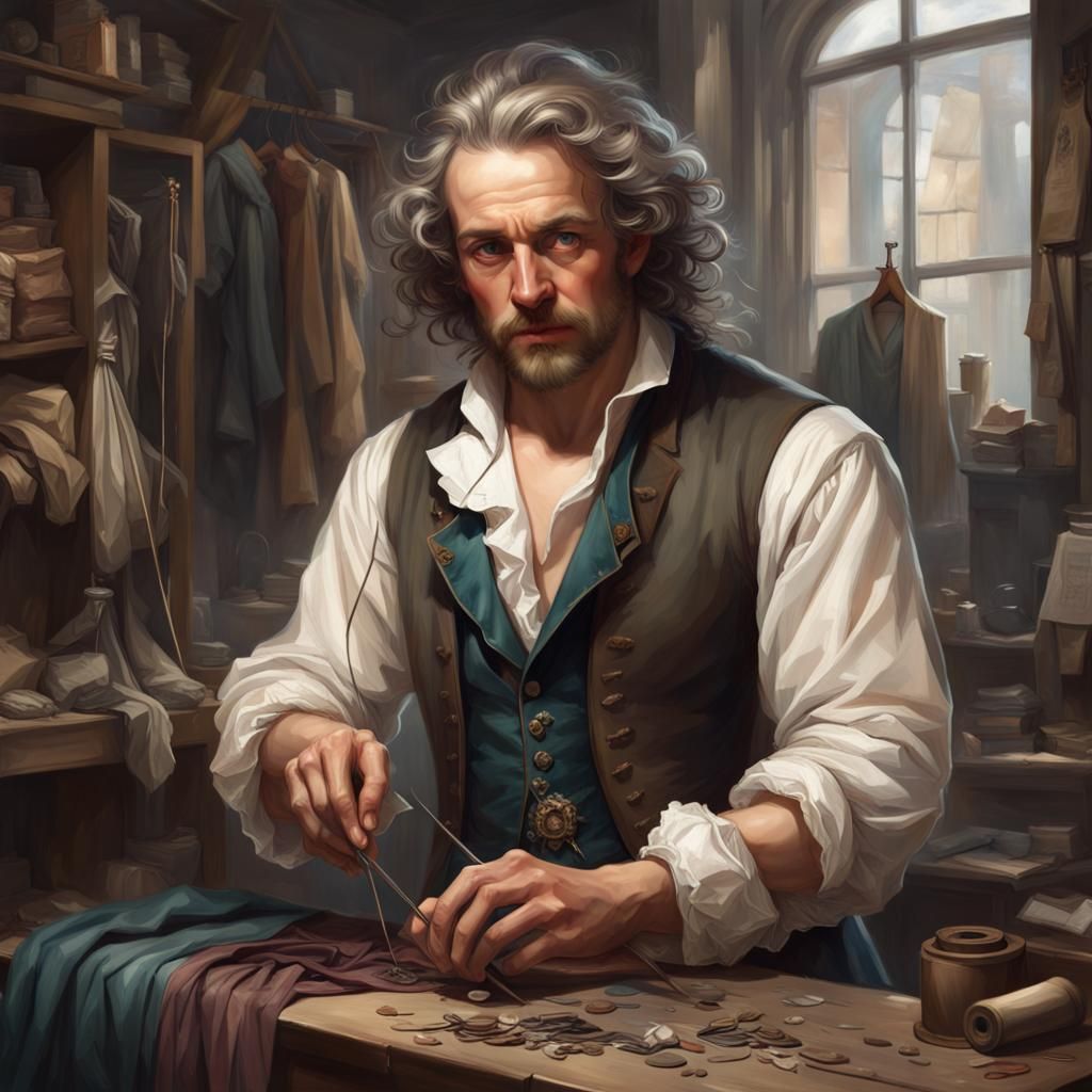 1700s Tailor Sewing Clothes, Artgerm and Mucha Style