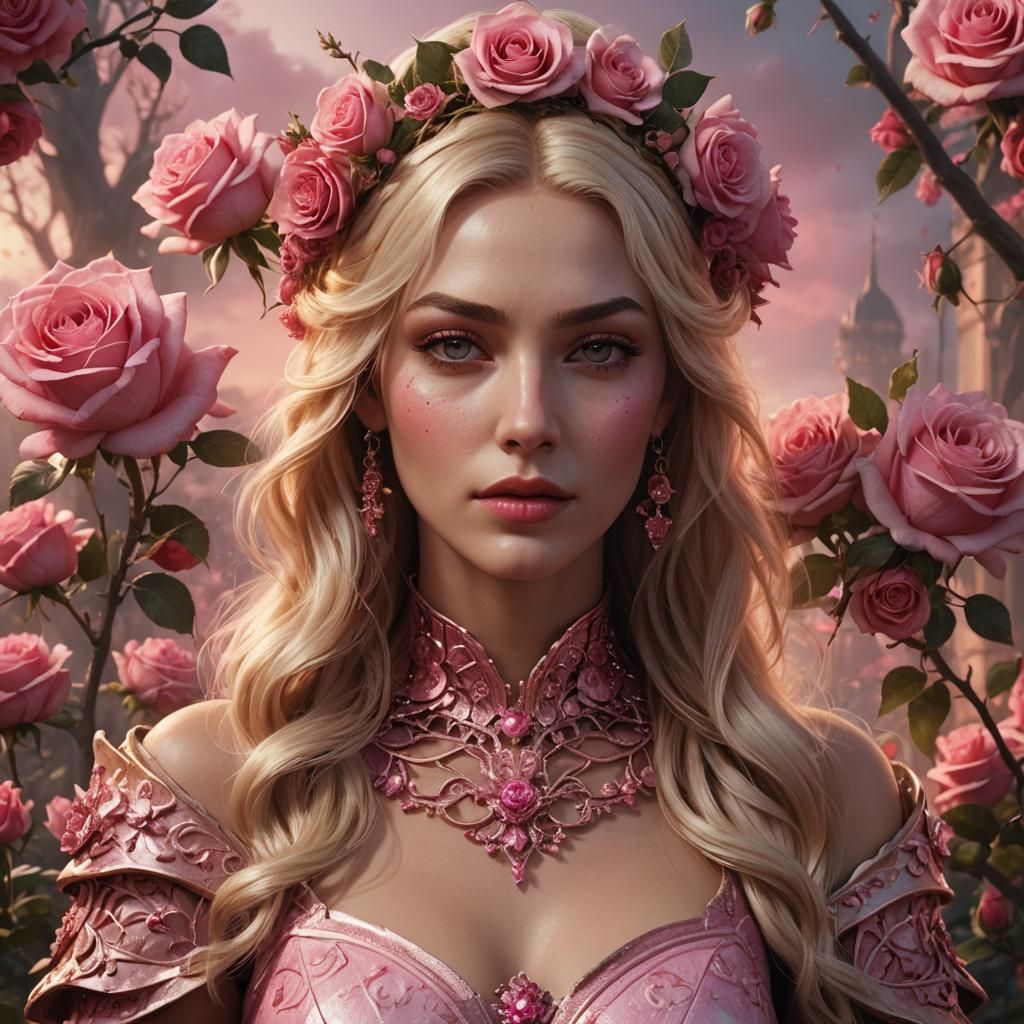 Sensual Goddess in Pink and Roses: Detailed Portrait