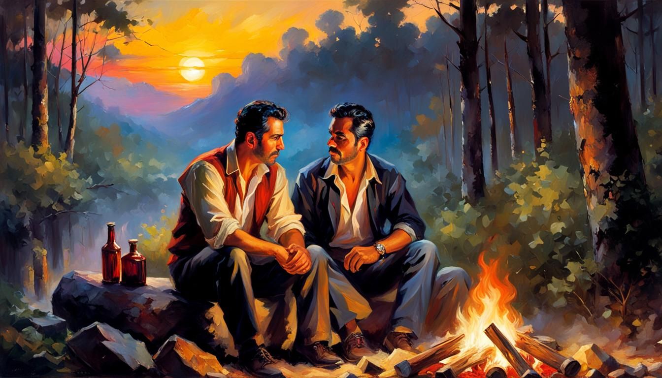 Romantic Campfire Portrait in Oil Painting Style