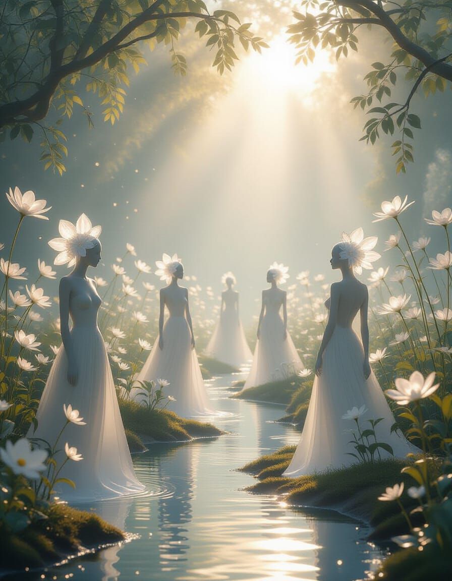 Surreal Garden of Mist Figures in Ethereal Light