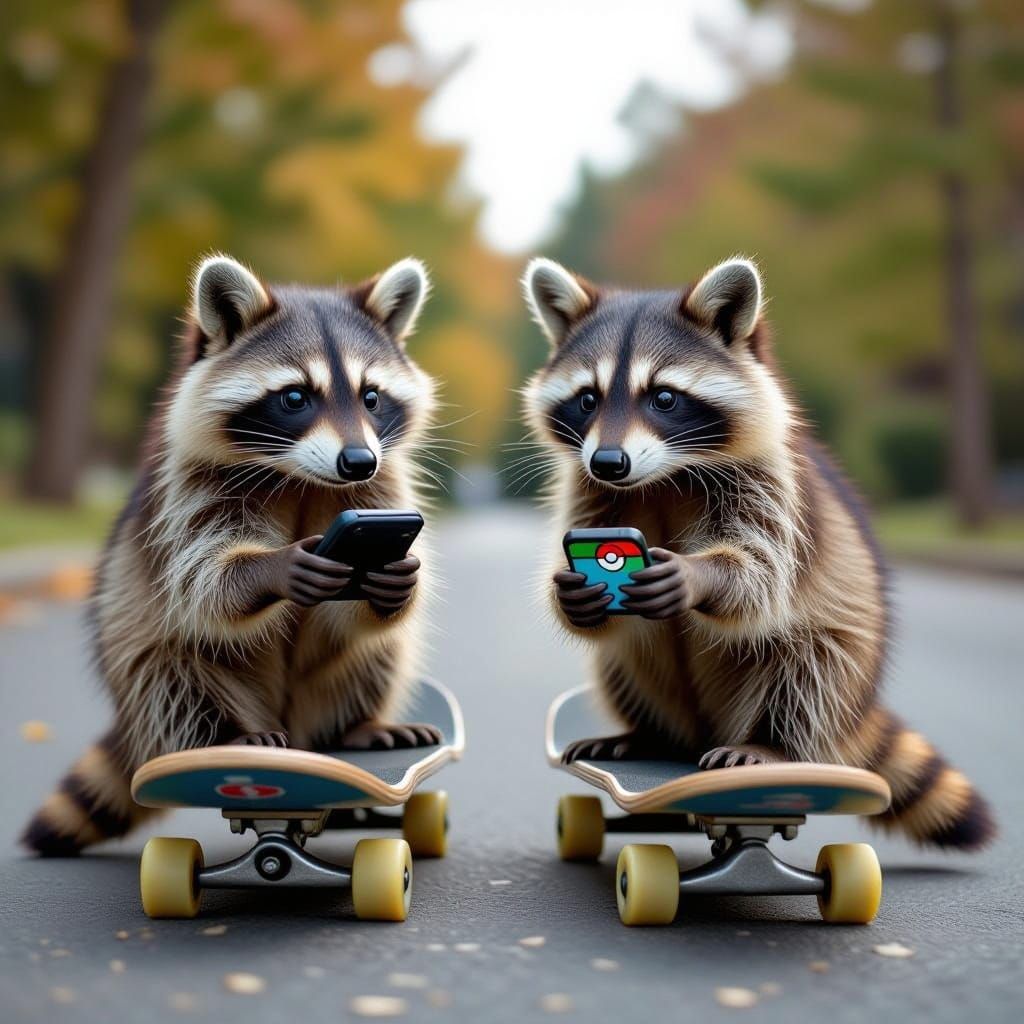 Raccoons Playing Pokémon Go on a Skateboard