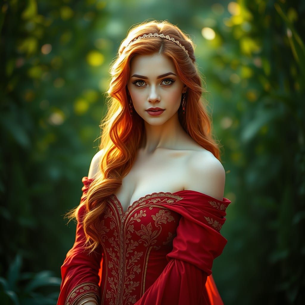 Serene Fantasy Goddess in Lush Verdant Setting