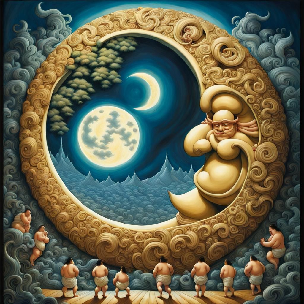 Sumo Wrestler Moon in Whimsical Fairytale Style