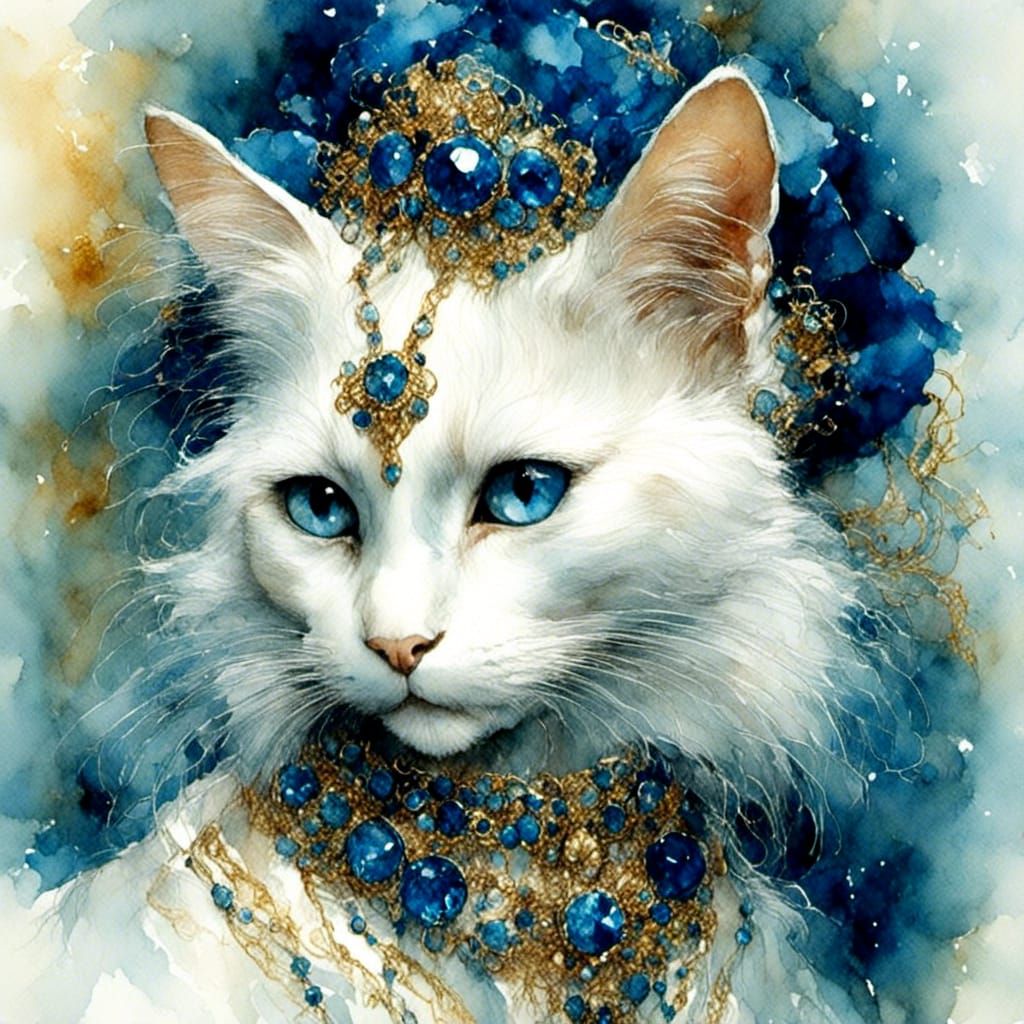 Mystical White Cat Portrait with Gems