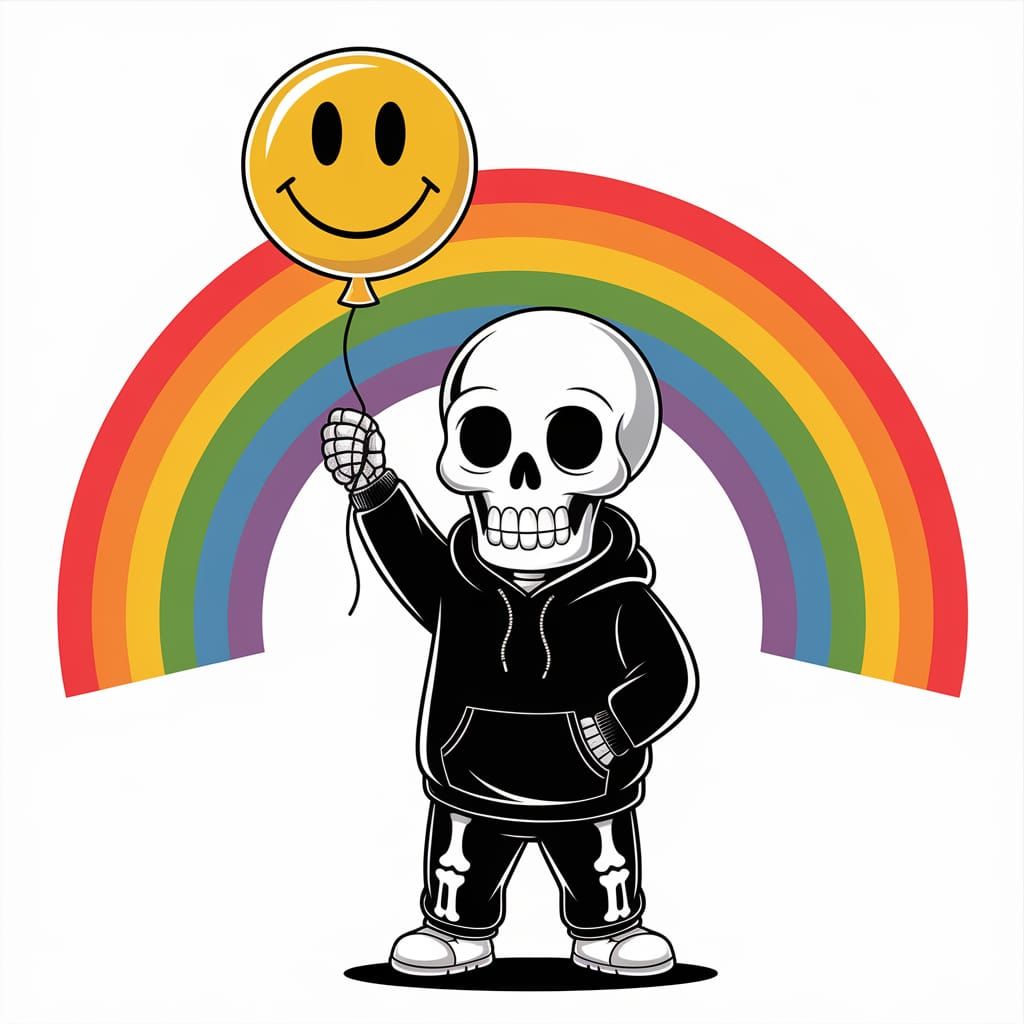A cartoon of a skeleton in a black hoodie holding up a yellow smiley face balloon and rainbow behind him, vector art on ...