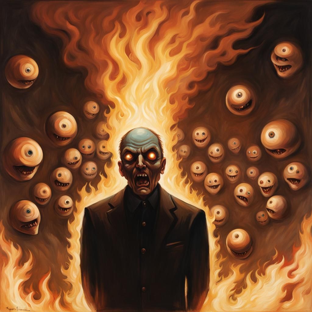 Sinister Vision: Man in Flames Watched by Eyes
