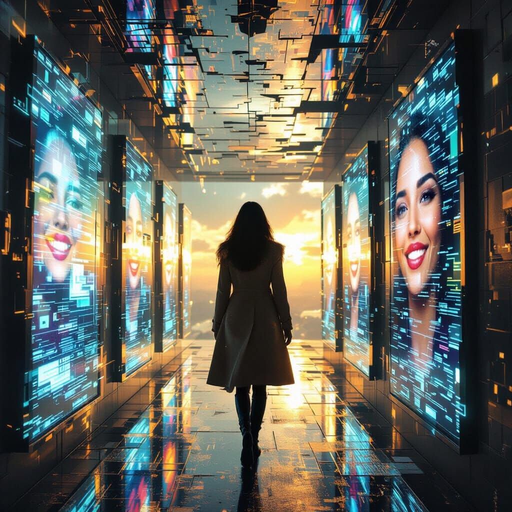 Dystopian Hallway: Woman's Reflection in Cosmic Illustration