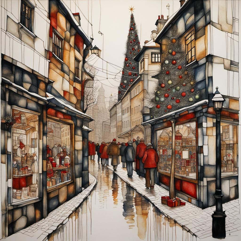 Christmas Street Scene in Cubist Organic Line Drawing