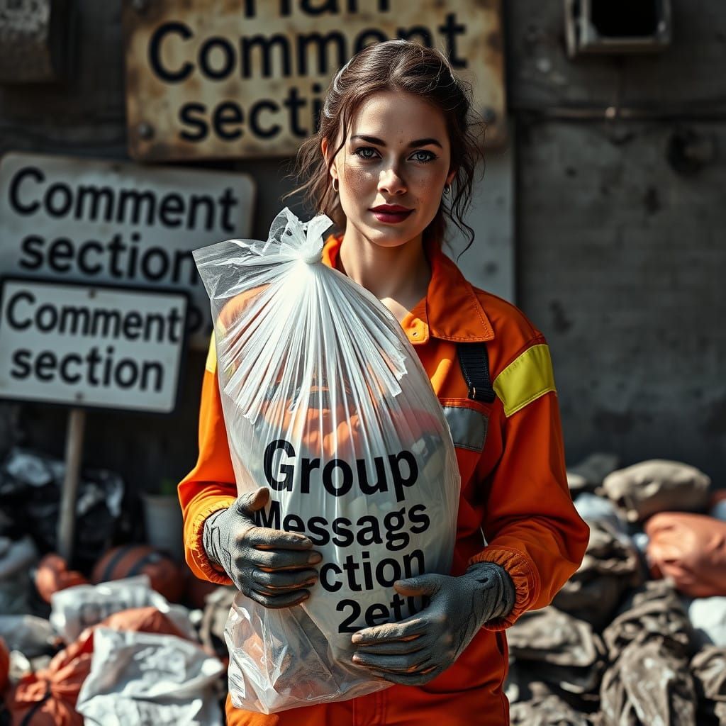 Trash Collector with Group Messages, in the Style of Sociall...