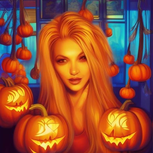 Blonde Witch and Flaming Pumpkins, Graffiti Art