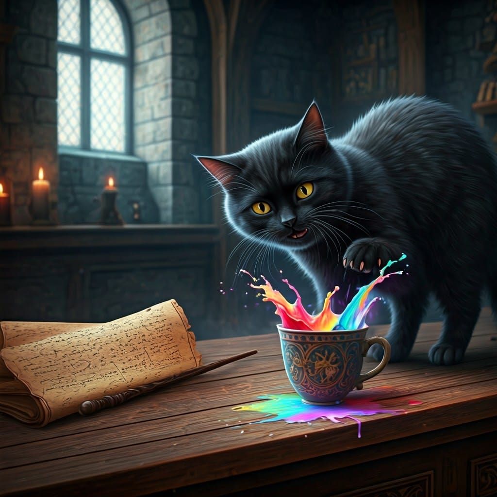Mischievous Cat Spills Wizard's Rainbow Milk