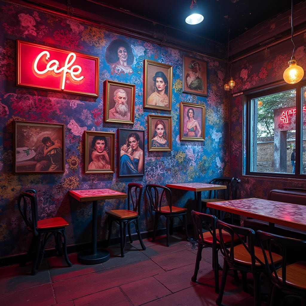 Vibrant Night Cafe with Masterpiece Overlays