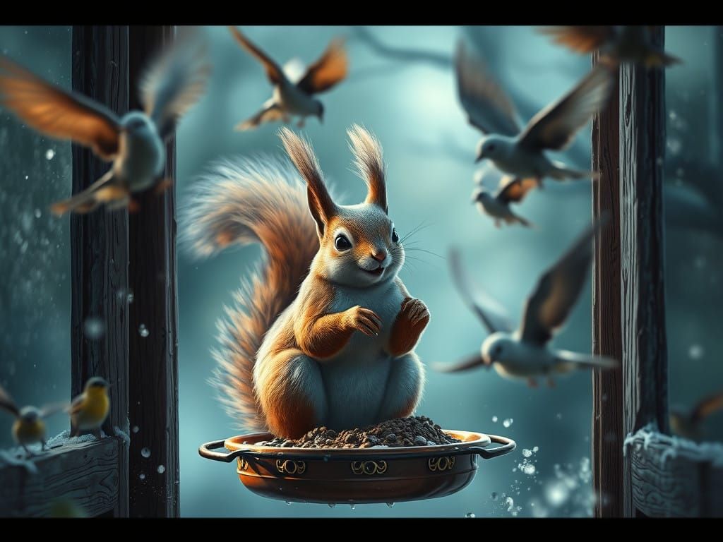 Squirrel Interrupts Birds in Window Bird Feeder Scene