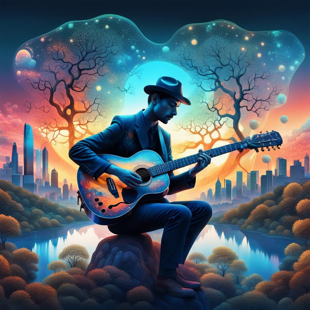 Surreal Bioluminescent Guitarist in Dream Landscape