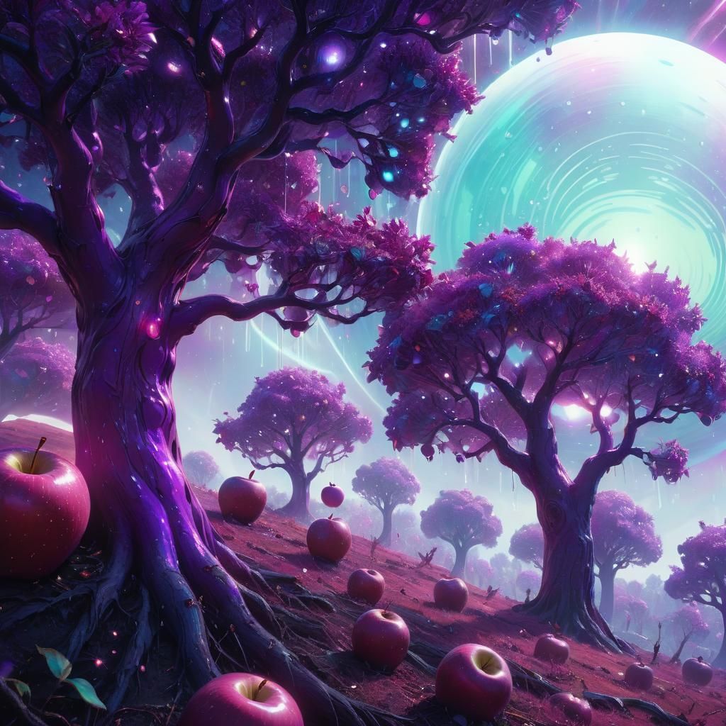 Purple Trees on Apple Planet in Cosmic Surrealism