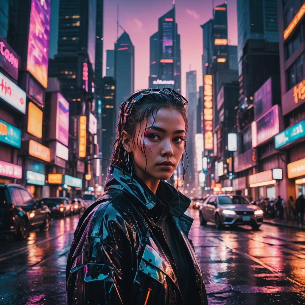 Cyberpunk Cityscape Portrait with Neon Lights