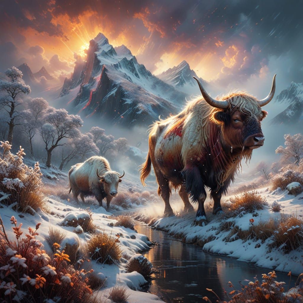 Ethereal Yak in Golden Sunrise Blizzard
