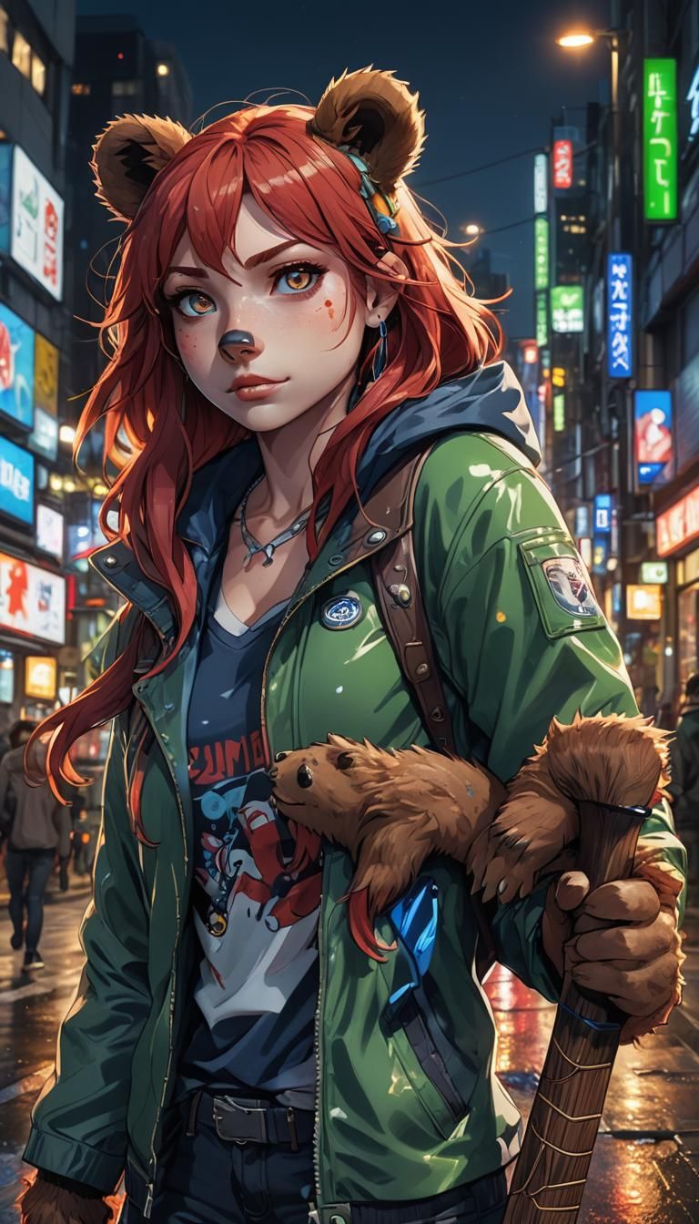 Cyberpunk Anime Anthro Bear Fighter with Axe