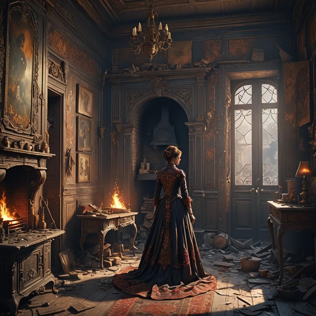 Elegant Woman in Abandoned Room: Detailed Matte Painting