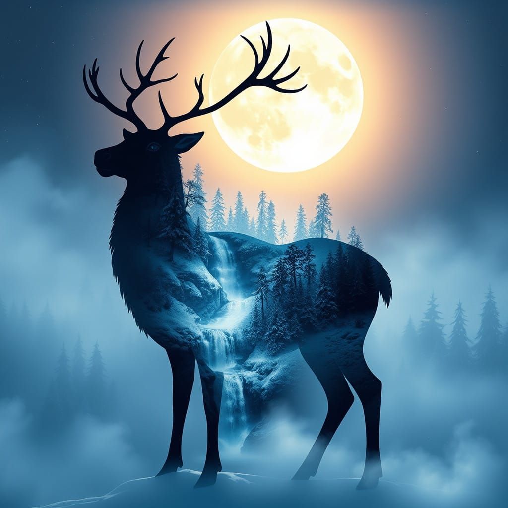 Ethereal Winter Wonderland Reindeer Scene in Mystical Aesthe...
