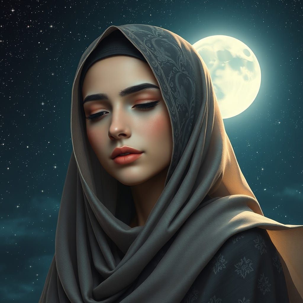 Ethereal Hijabi in Celestial Nighttime Scene