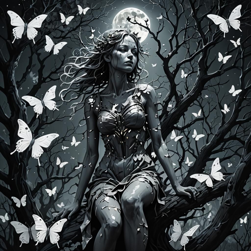 Wood Nymph Tree Transforms in Moody Greyscale