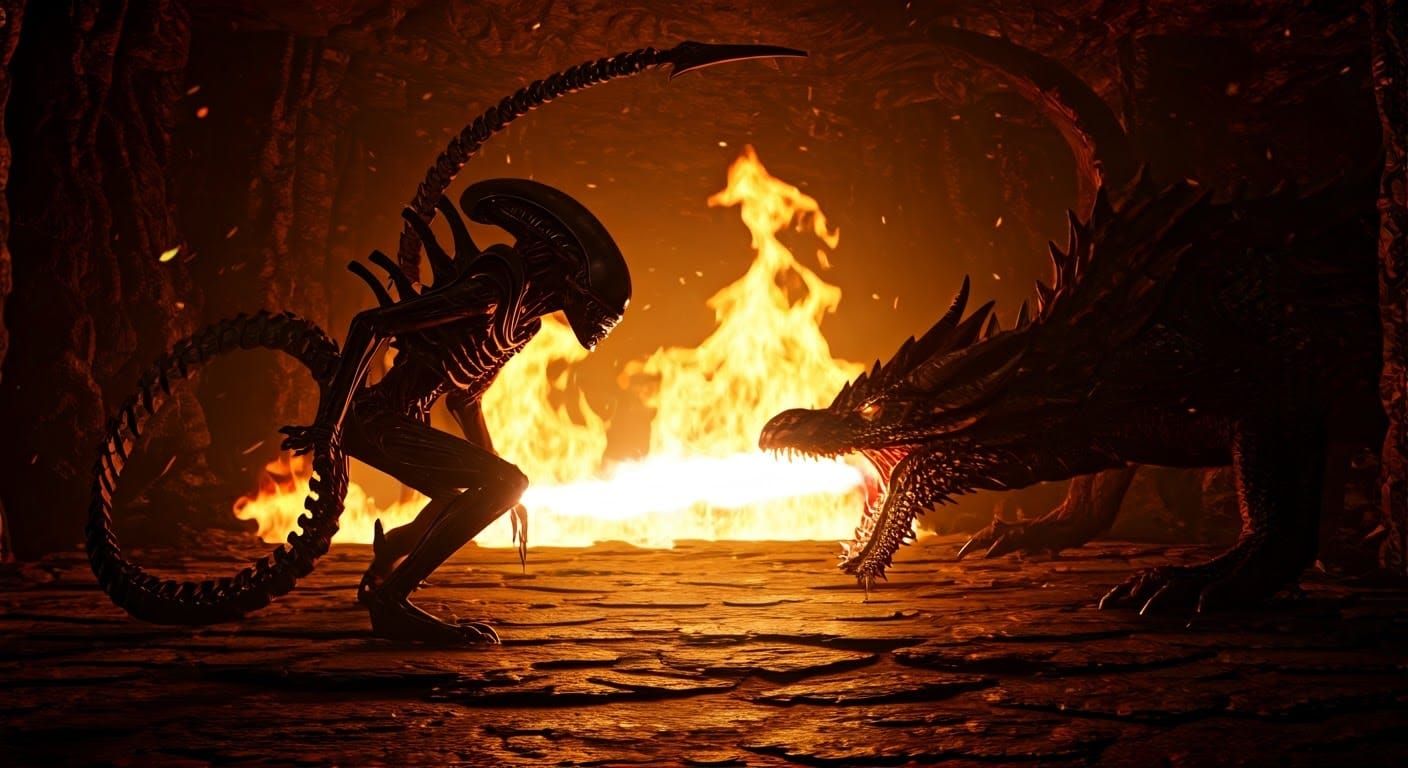 Xenomorph vs Dragon in Firelit Cave