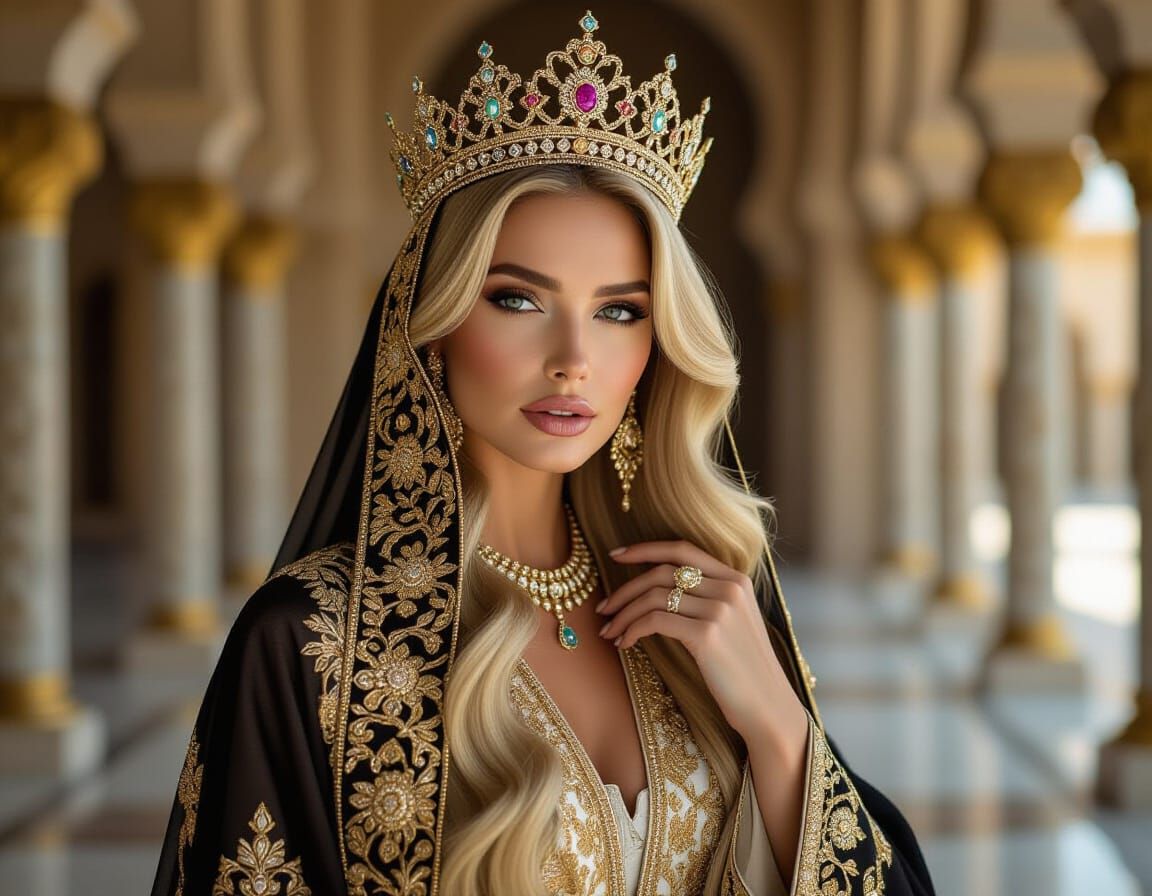 Regal Blonde Woman in Luxurious Abaya with Crown