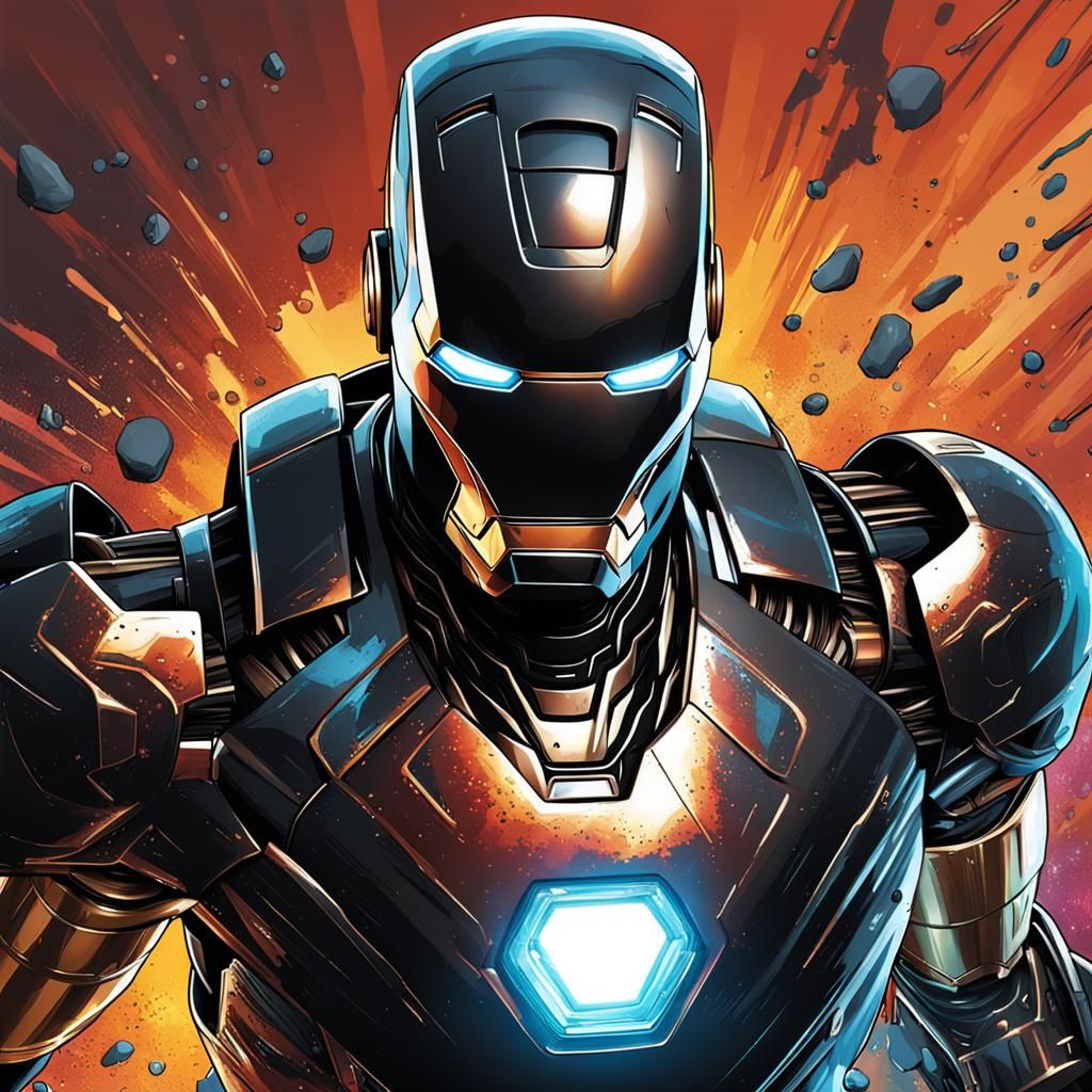 Black Iron Man Hyperrealistic Splash Art Portrait