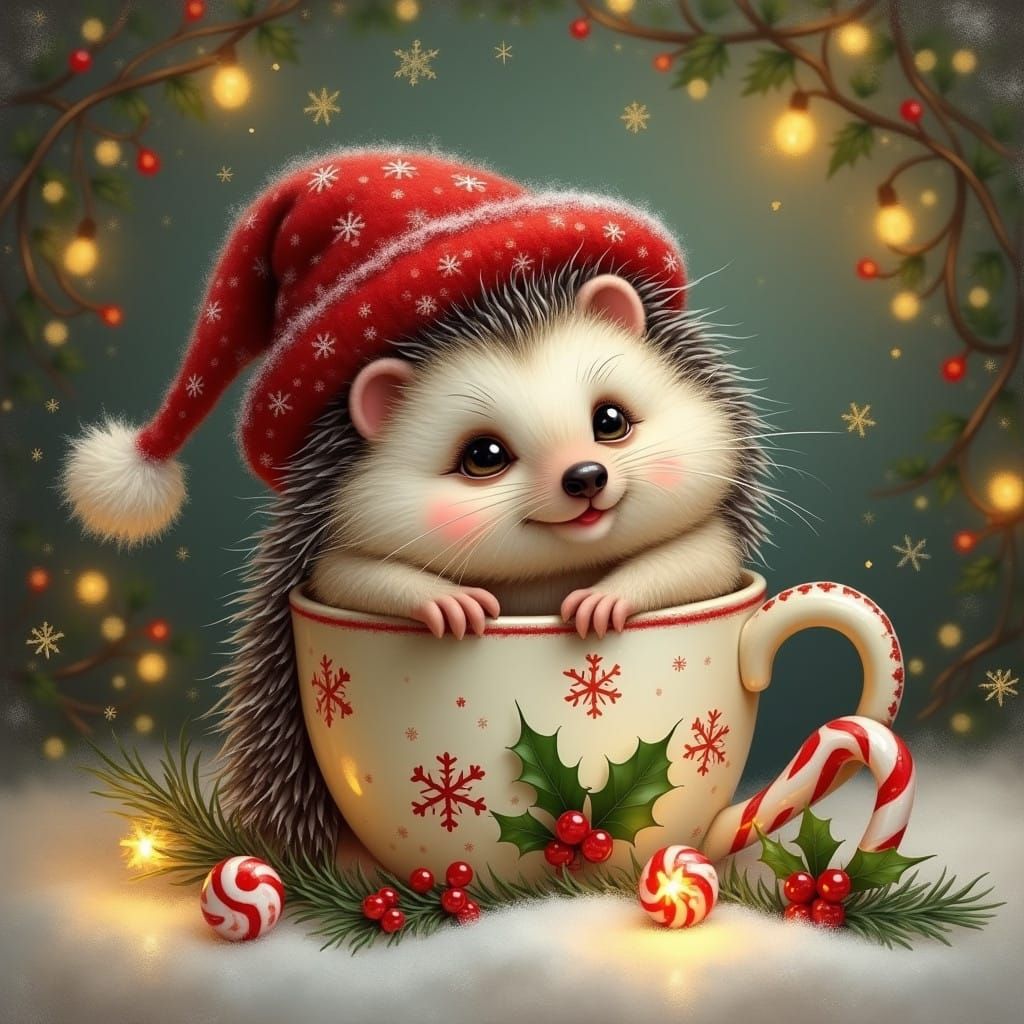 Soft Hedgehog in a Snowflake Cup, Surrounded by Winter Wonde...