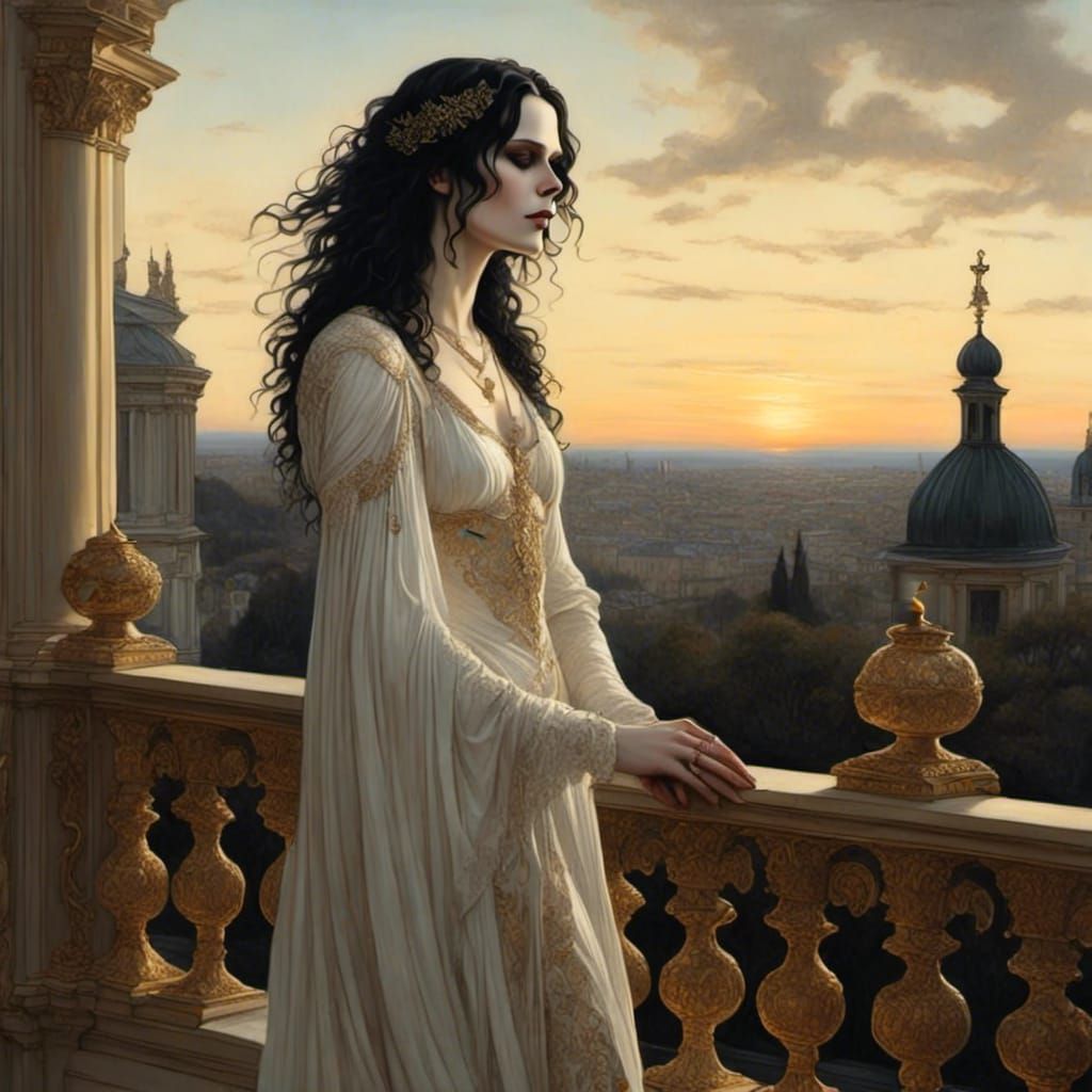 Emo Goddess Balcony Scene in Golden Hour
