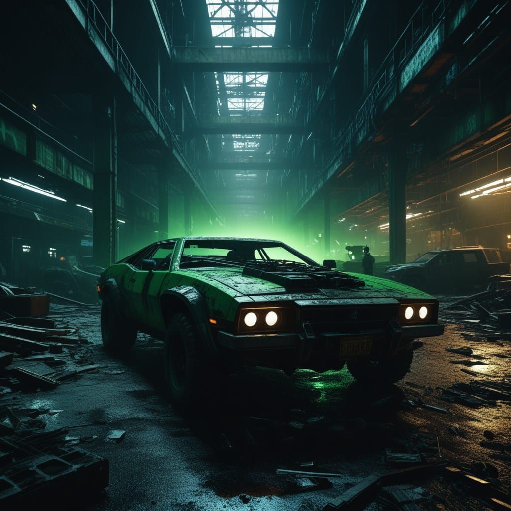 Cyberpunk Masterpiece: Gritty Nighttime Scene in Trashed Fac...