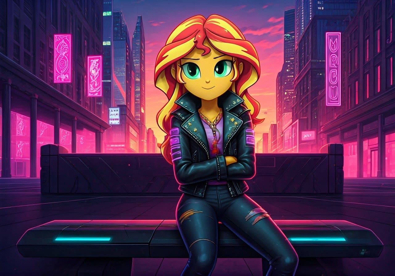 Sunset Shimmer in Cyberpunk Leather Jacket, 8k Art