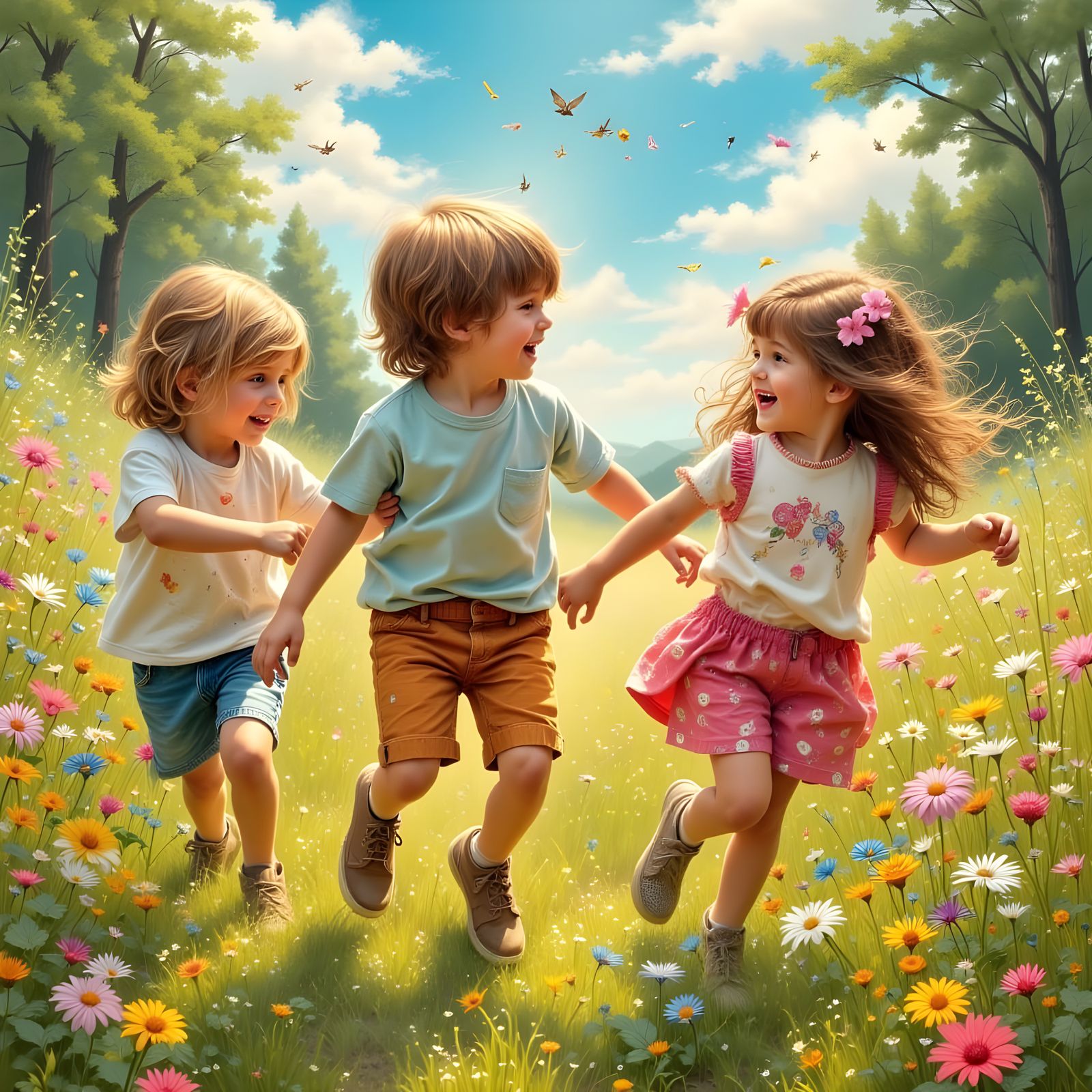 Kids Playing in a Field of Flowers for ChromaDepth 3D Glasse...