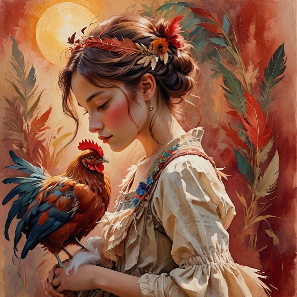 Girl with Hen: Impressionist Gouache and Watercolor Portrait