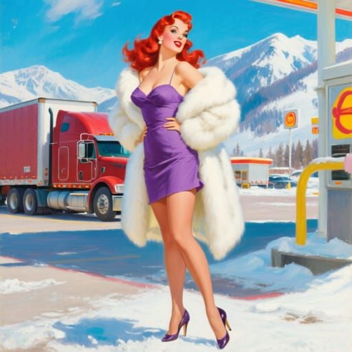 Retro Pin-Up Girl in Fur Coat at Truck Stop