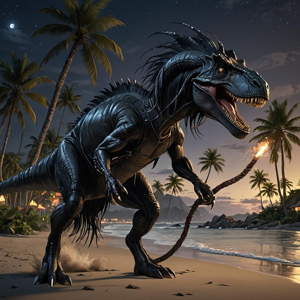 Dinosaur on Beach at Night, Photorealistic 8K