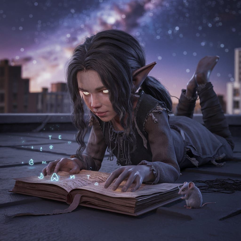 Tiefling Wizard Reading Spellbook Under Starry Sky