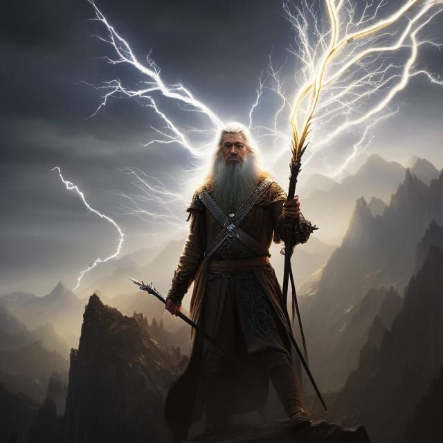 Gandalf Portrait with Lightning, Detailed Pencil Sketch