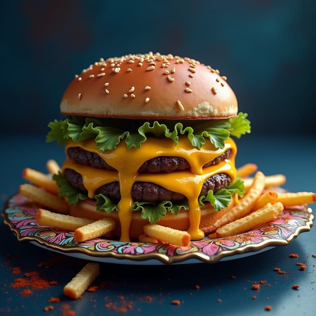 Juicy Hamburger with Dripping Cheese, Fantasy Art